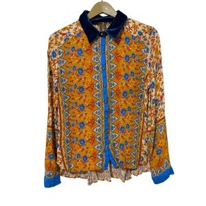 Aratta Silent Journey Size Small Blue Orange Floral Velvet Neck Top Boho Hippie